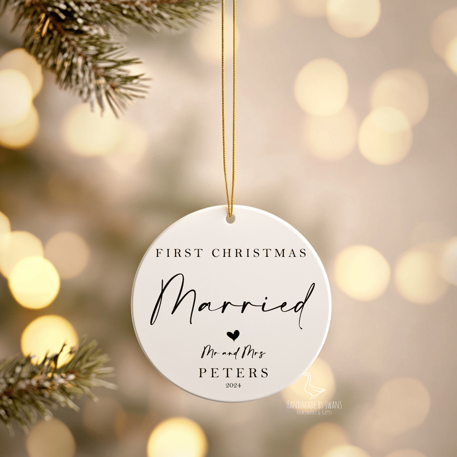 first christmas married bauble, Ceramic hanging mr and mrs bauble, couple