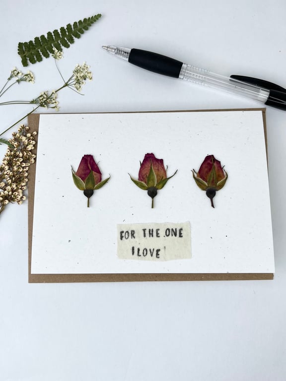 Handmade Real Pressed Rose Bud Greeting Card, Valentine's, Anniversary, Birthday