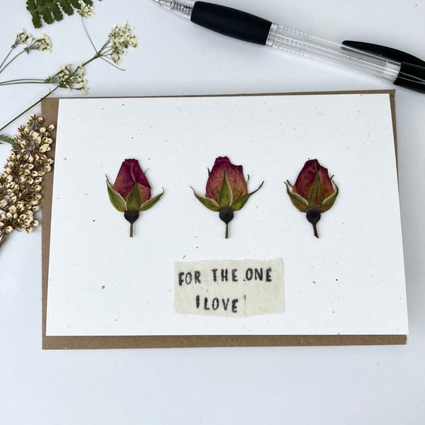 Handmade Real Pressed Rose Bud Greeting Card, Valentine's, Anniversary, Birthday
