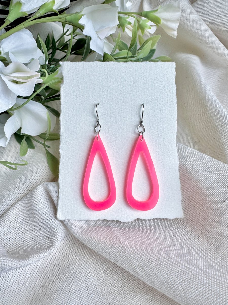 Neon Pink Acrylic Teardrop Earrings - Open Hoop Drop Dangles