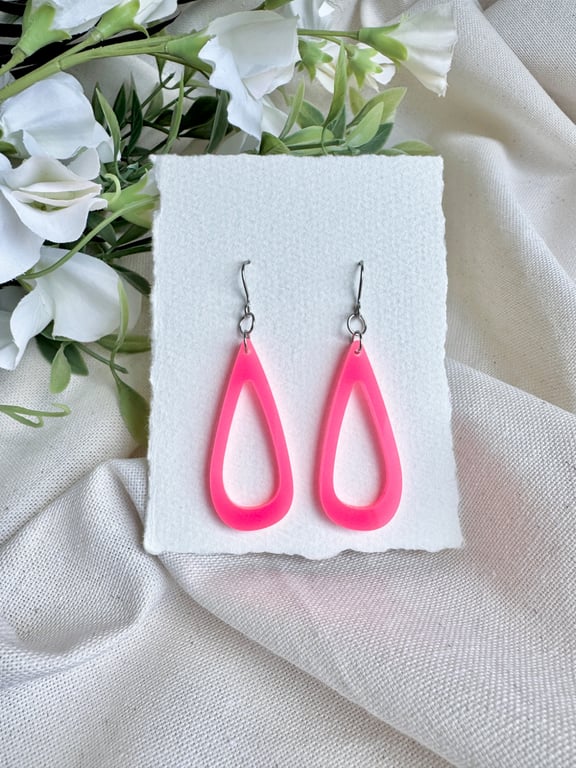 Neon Pink Acrylic Teardrop Earrings - Open Hoop Drop Dangles