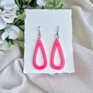 Neon Pink Acrylic Teardrop Earrings - Open Hoop Drop Dangles