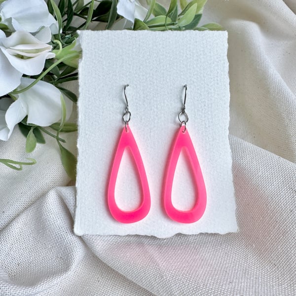 Neon Pink Acrylic Teardrop Earrings - Open Hoop Drop Dangles