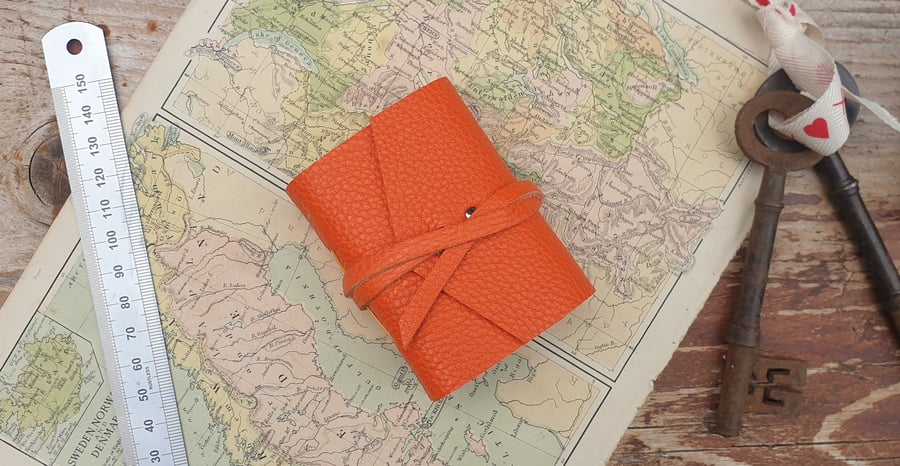 Handmade Leather Journal - Tiny Size 3 x 2 - Hand-Stitched - Orange