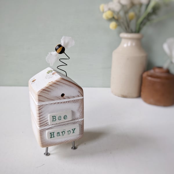Wooden Beehive With Little Bee 'Bee Happy'