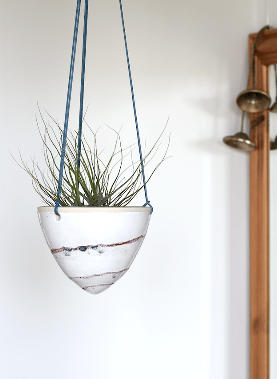 Cone-shaped hanging ceramic planter in red white and blue - handmade pottery