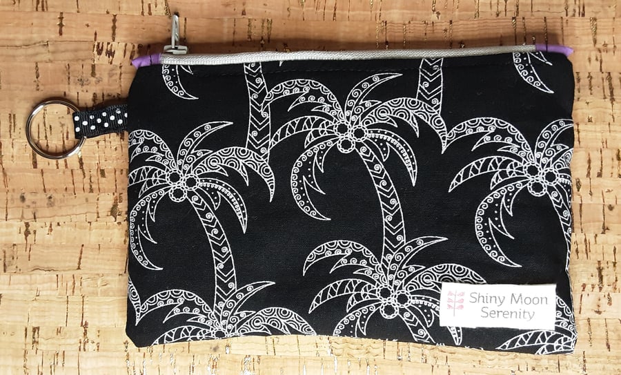 Coin Purse Black with White Palm Tree Print.
