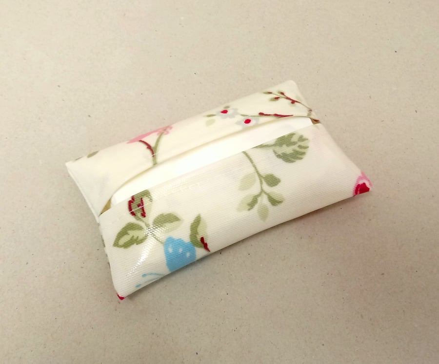 Tissue holder in cream with flowers and birds, tissue included, tissue pouch