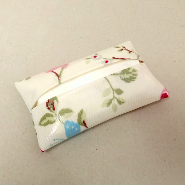 Tissue holder in cream with flowers and birds, tissue included, tissue pouch