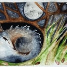  Mounted Original Woodland Sleeping Wolf under the Moon Watercolour 