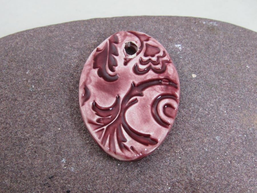 Large Rose Red Brocade Ceramic Pendant