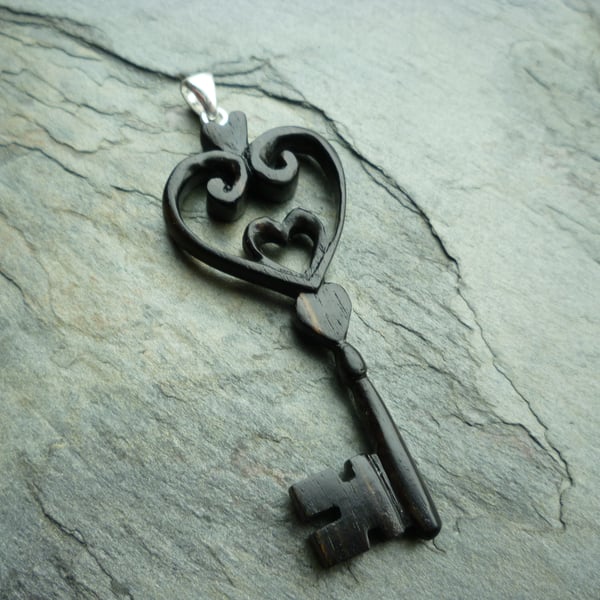 Carved Ebony wood Key Pendant, silver