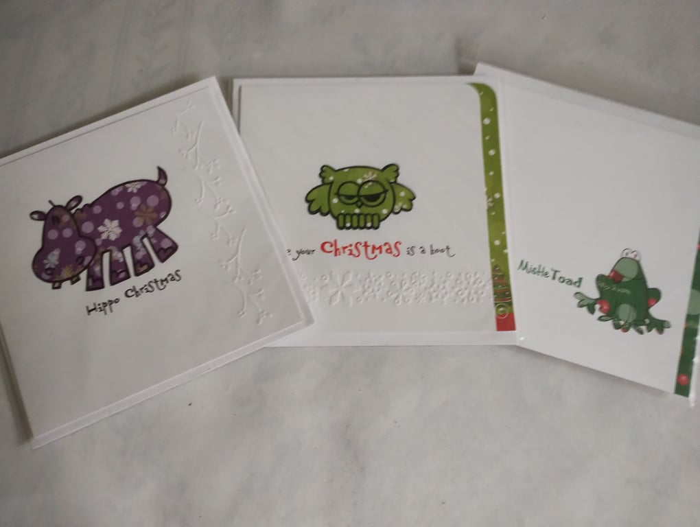 Fun Handmade Christmas Card Trio - Hoot, Hippo and Toad 