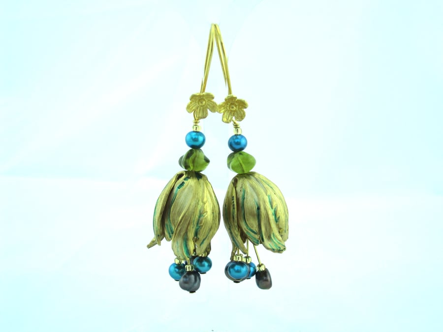 Brass Parrot Tulip Flower  Drop earrings - (made by artist maker) Tulip Design