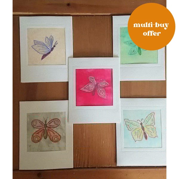 5 Butterfly mounted hand drawn mini picture cards, single cards or set of 5