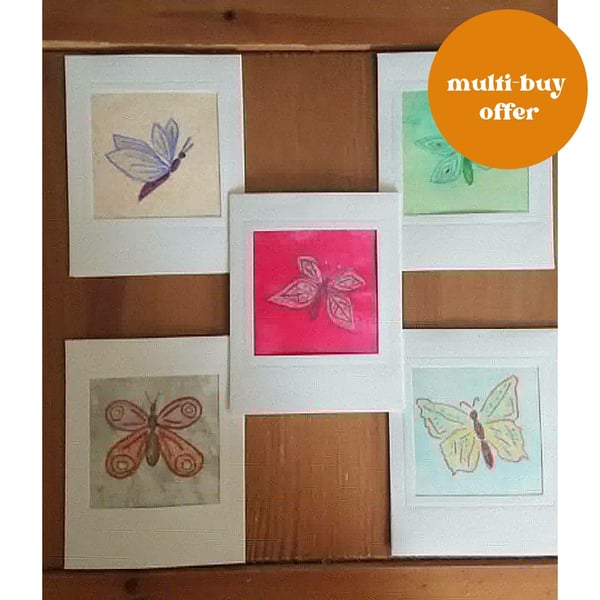 5 Butterfly hand drawn mini pictures in aperture mount cards, 1 card or set of 5
