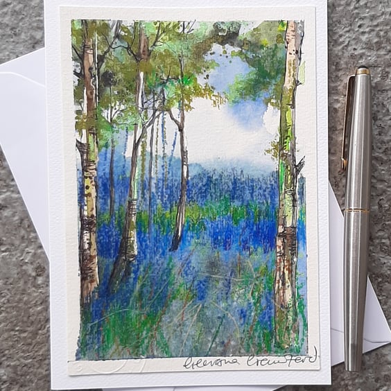 Bluebell Woods. Handpainted Mixed Media  Blank Card