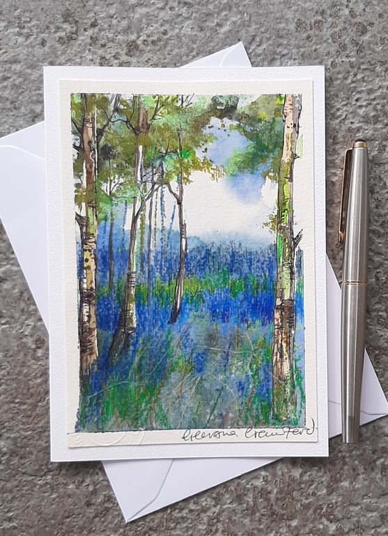 Bluebell Woods. Handpainted Mixed Media  Blank Card