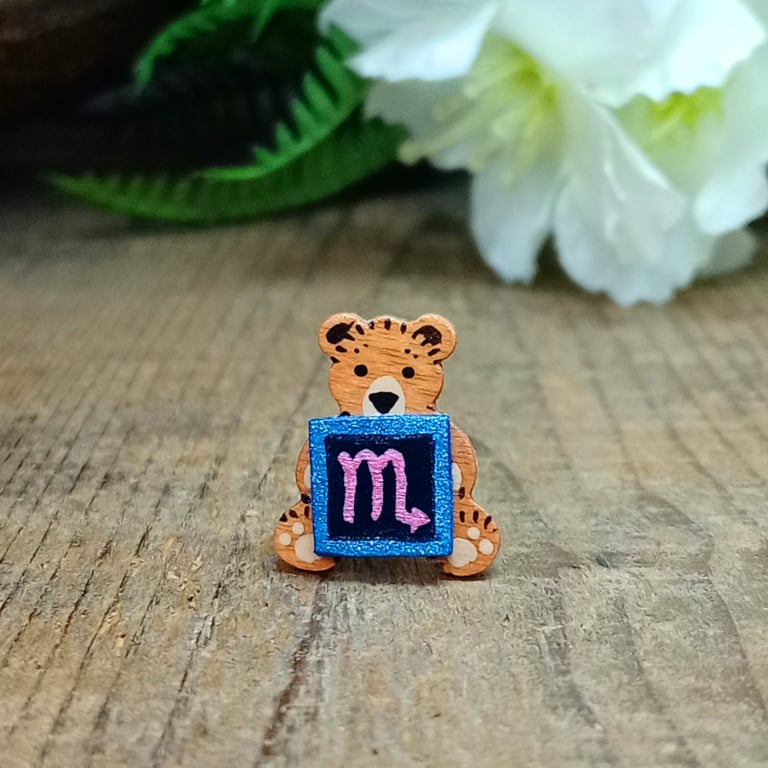 Scorpio Bear Pin, Handmade Tiny Star Sign Wooden Teddy Badge