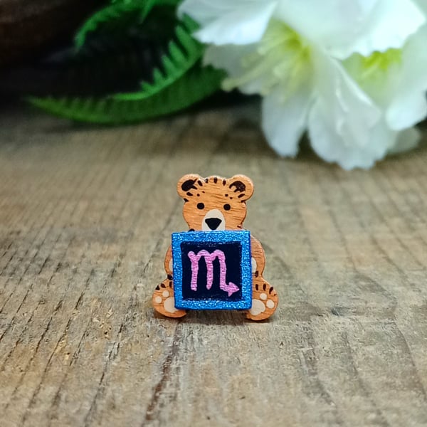 Scorpio Bear Pin, Handmade Tiny Star Sign Wooden Teddy Badge
