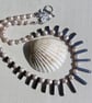 Black Hematite & Peach Pearl Gemstone Statement Cleopatra Fan Necklace