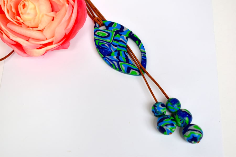 Bribie Island Blue, Green & Silver Polymer Clay Reversible Lariat Necklace