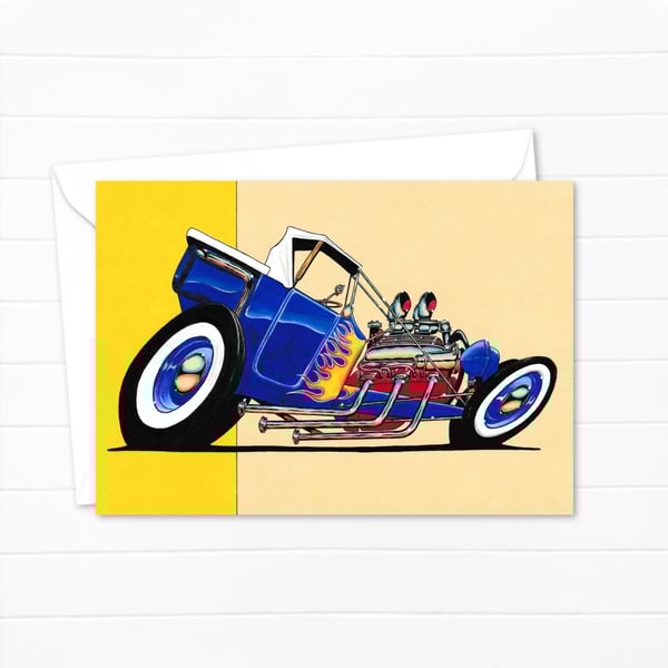 Flaming Hot Rod Greeting Card: Hand Drawn Illustration for a Car Lover (401)
