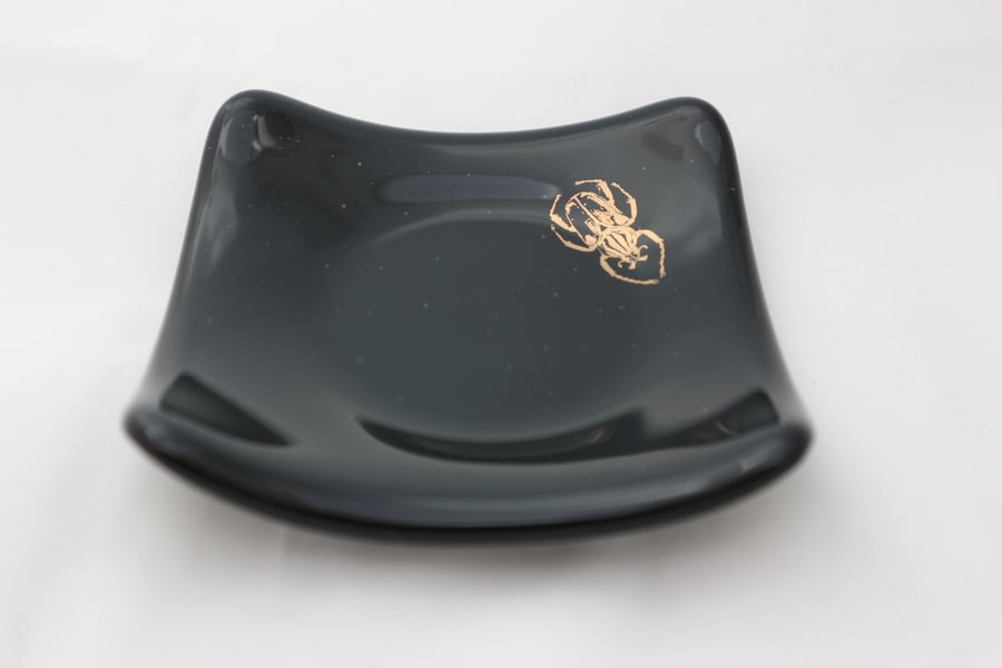 Handmade  fused glass trinket bowl or soap dish - copper beetle on black