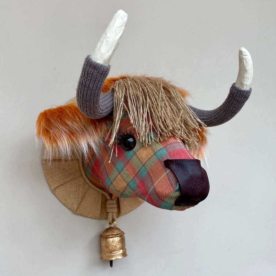 Fauxidermy Sheil orange plaid Highland Cow head with working bell wall mounted