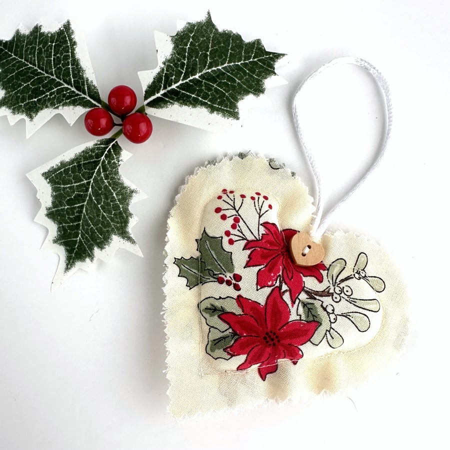 Poinsettia Small Christmas Heart Decoration, Hanging Decoration