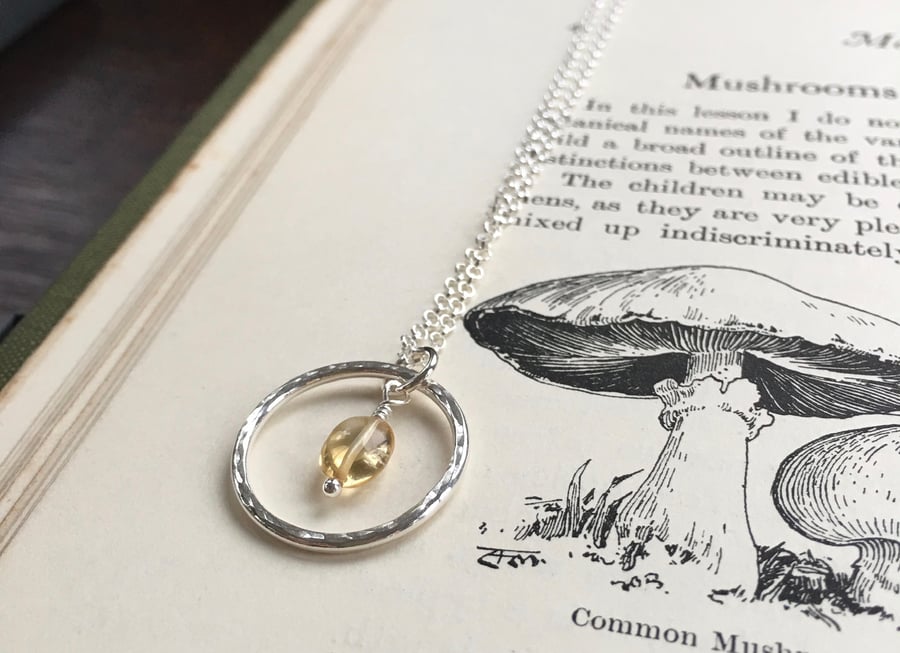 Silver hoop pendant - recycled silver citrine gemstone pebble -November birthday