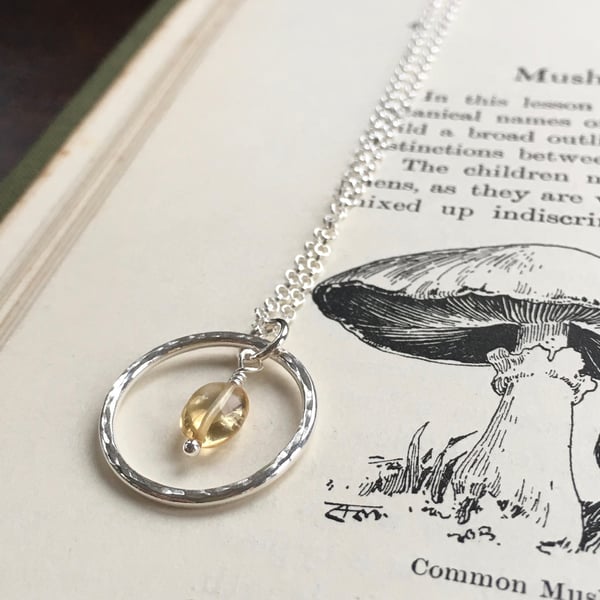 Silver hoop pendant - recycled silver citrine gemstone pebble -November birthday