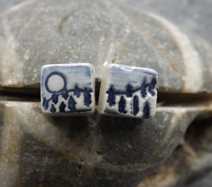 Handmade Ceramic and sterling silver Tiny Landscape stud earrings in blue