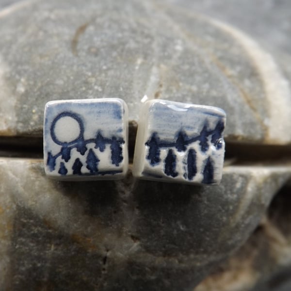 Handmade Ceramic and sterling silver Tiny Landscape stud earrings in blue