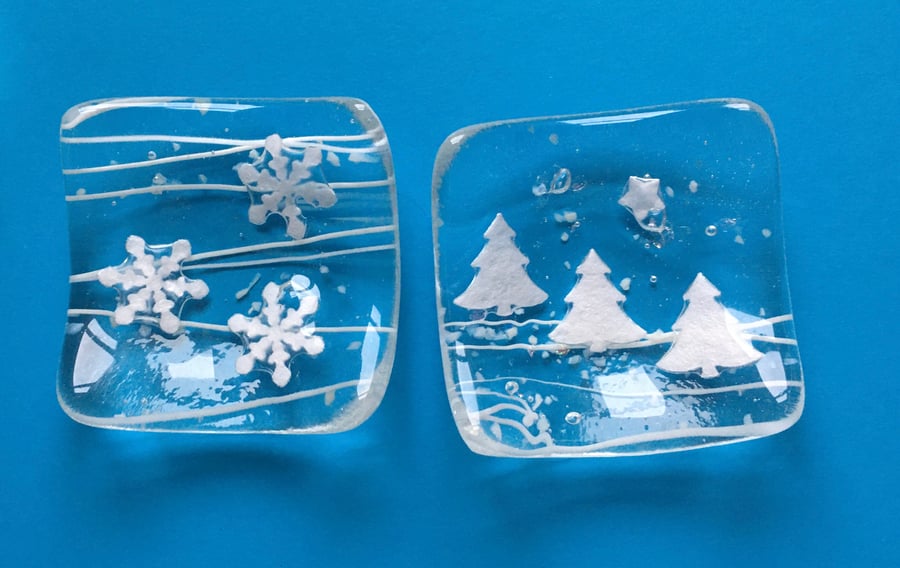Fused Glass Christmas tealight holders (pair)