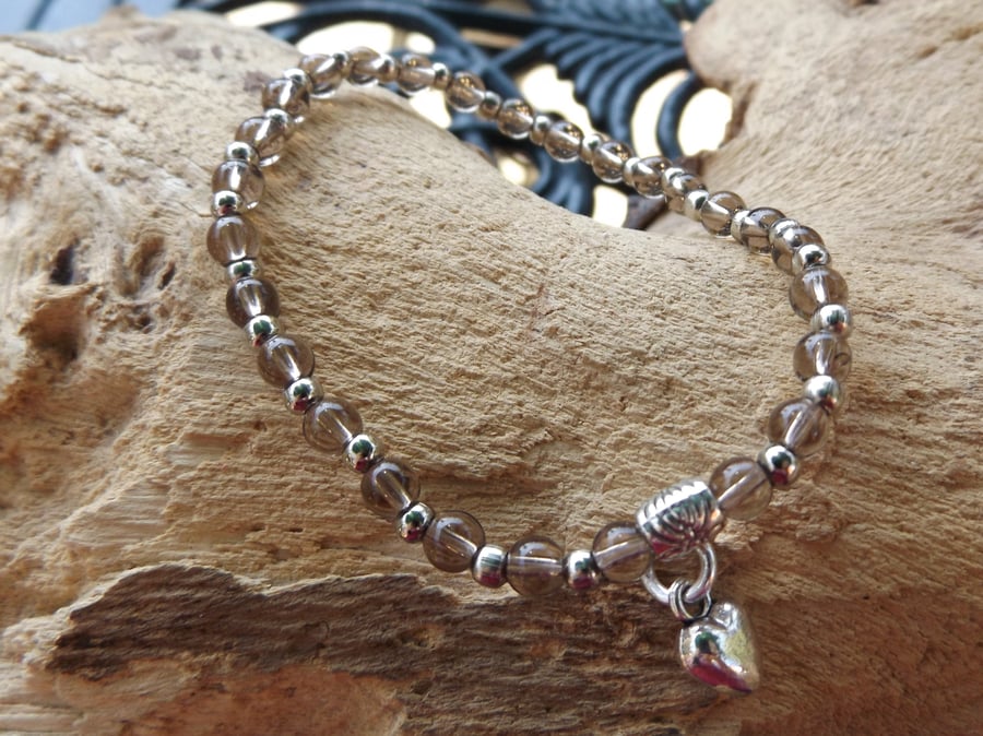 Smokey quartz heart charm stretch bracelet