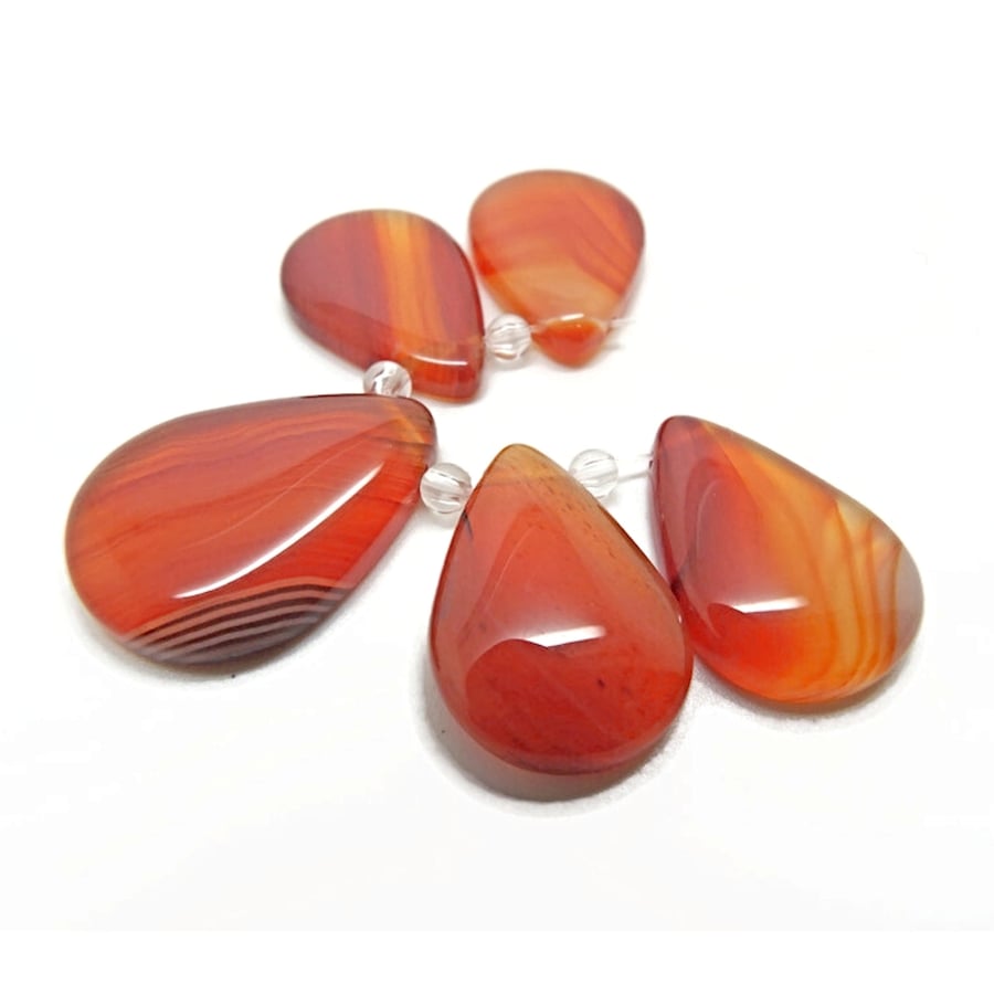 Teardrop Agate Pendant Set, 5pcs Orange Dyed Banded Agate, 1 Large 4 Small