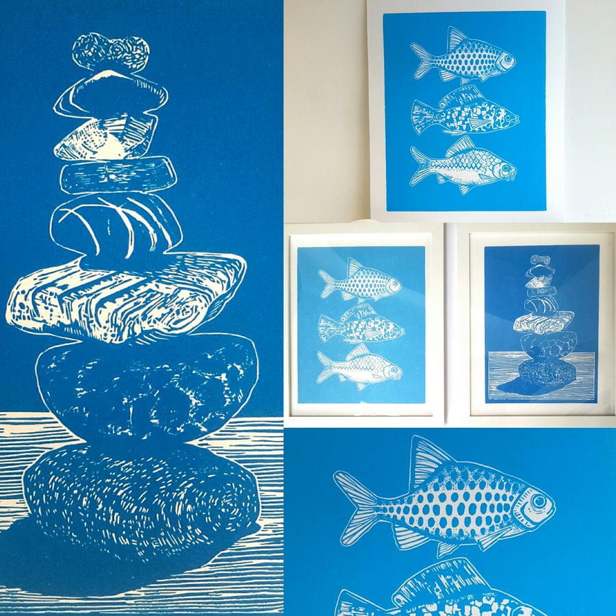 A pair of Seaside inspired  Linocut prints Pebbles & fish