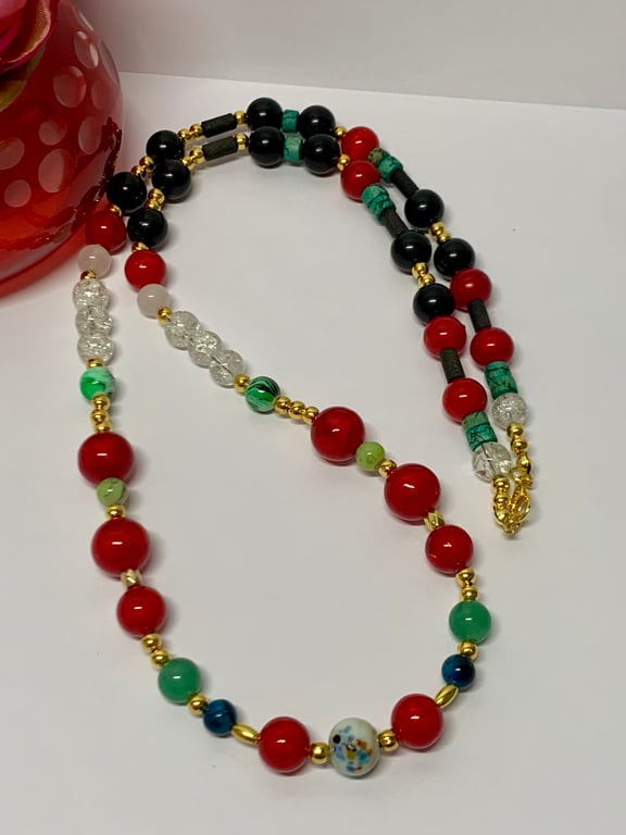 Blue Tiger Eye Gemstone and Glass Beaded Necklace