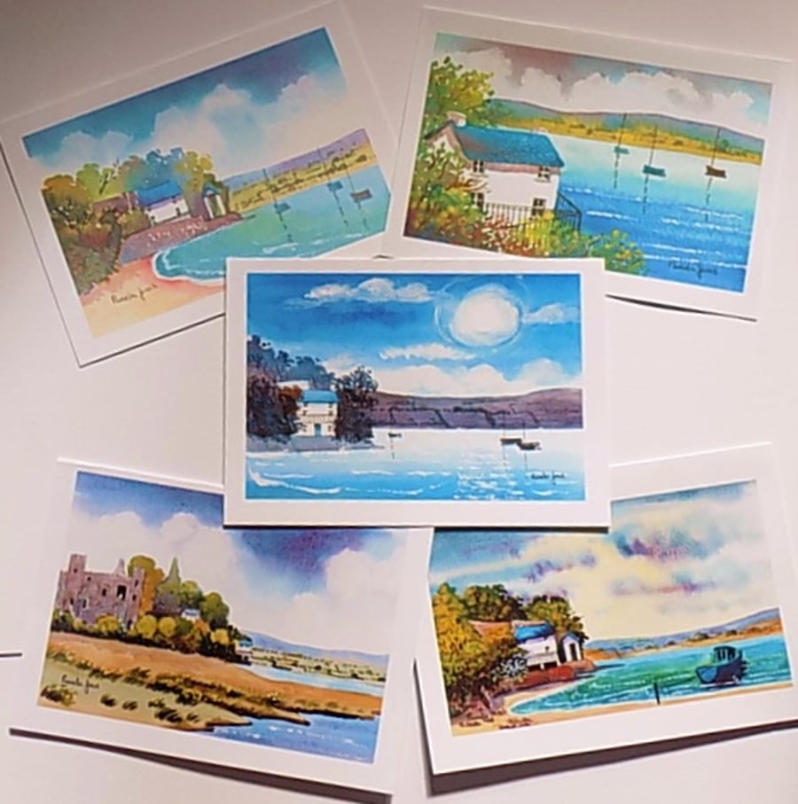 Art Greetings Cards, Set of 5, Dylan Thomas, Laugharne Castle, Blank inside, A5