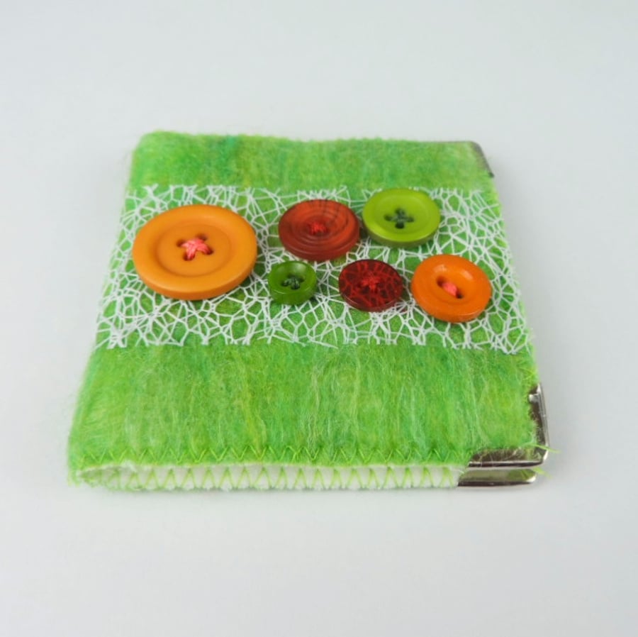 Green felted needle case, mending kit with button decoration