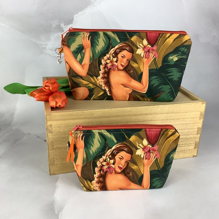 Burlesque zip bag, Tropical makeup bag, 2 size options, Handmade