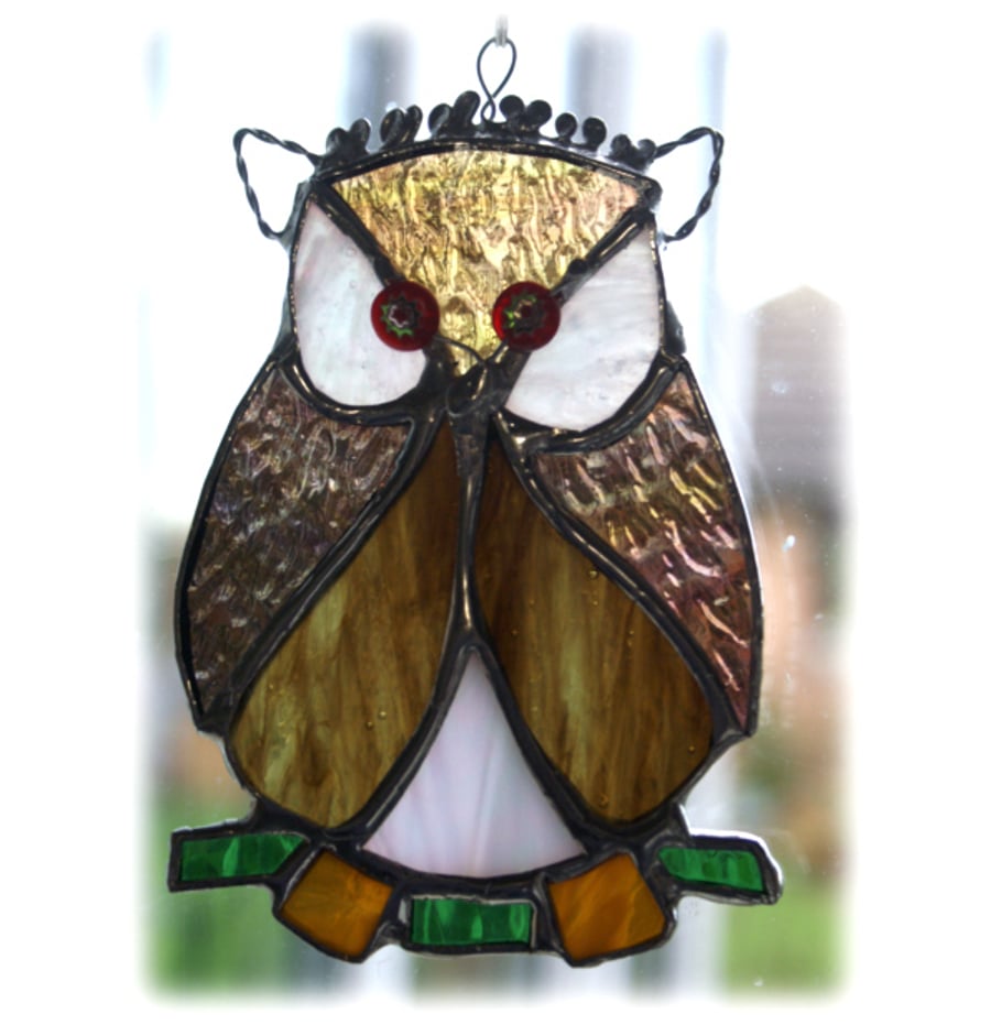 SOLD Owl Suncatcher Stained Glass Handmade Bird Too Wit Too Woo 018