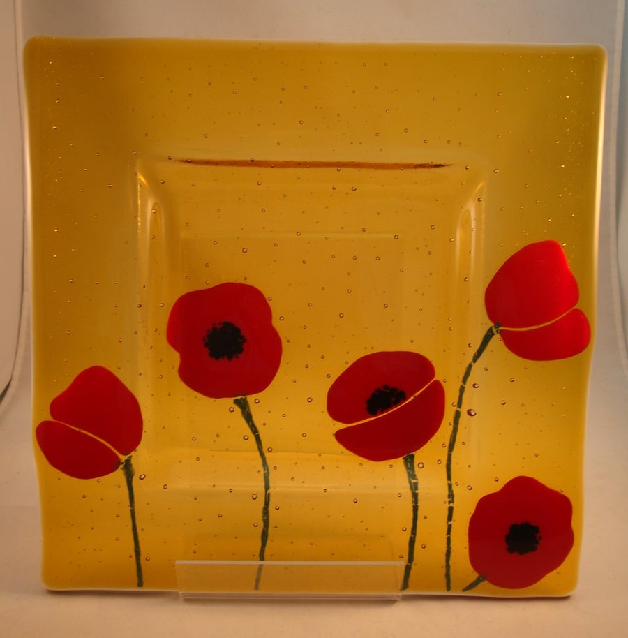 Large, Fused Glass Dish - Field of Poppies