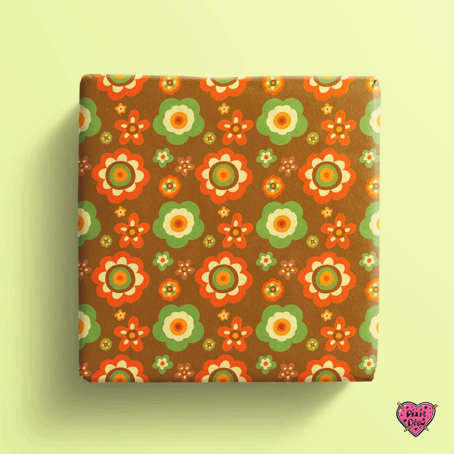 1970s style floral wrapping paper in brown