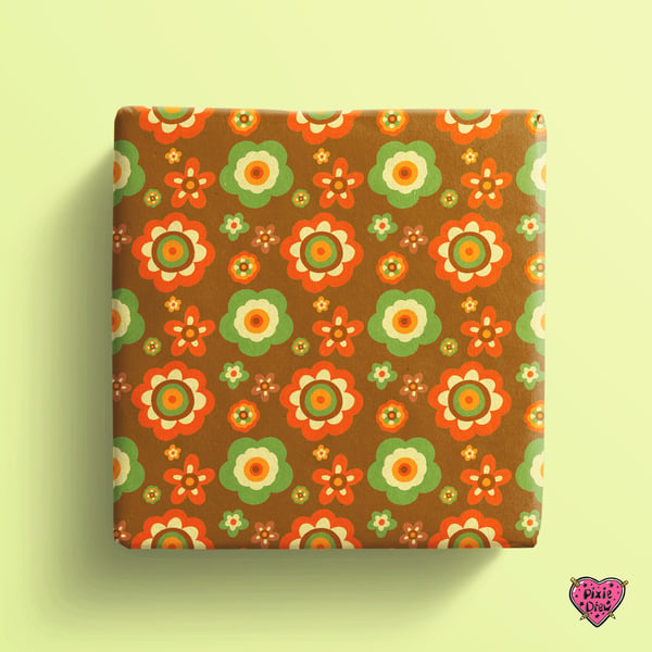 1970s style floral wrapping paper in brown