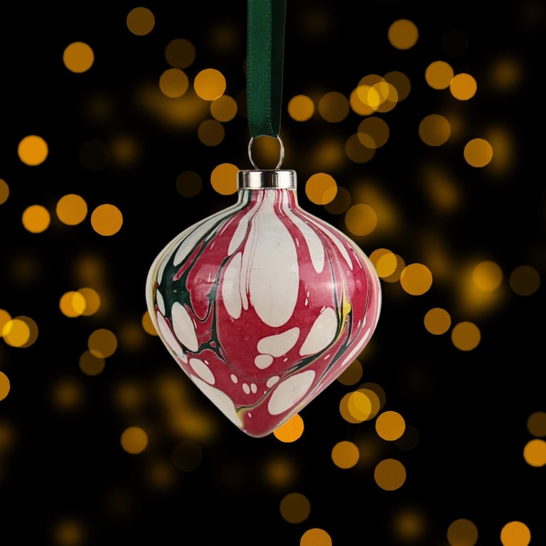 Ceramic Christmas bauble crimson, green and gold drop shape hand marbled