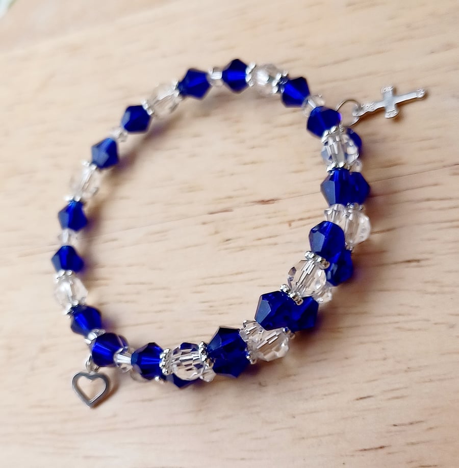 Czech Bead Memory Wire Wrap Bracelet with 925 Silver Heart & Cross Charms