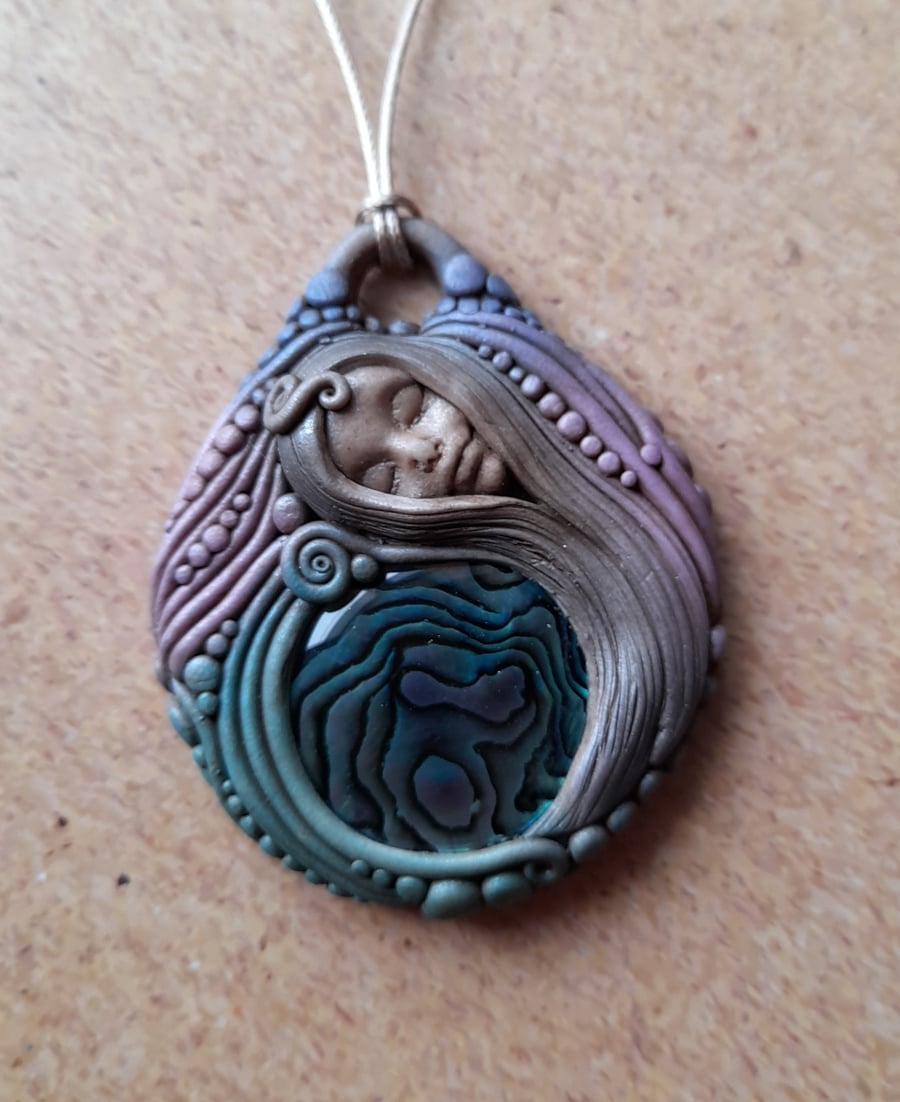 Beautiful Abalone Crystal and Polymer Clay Ocean Goddess Pendant 