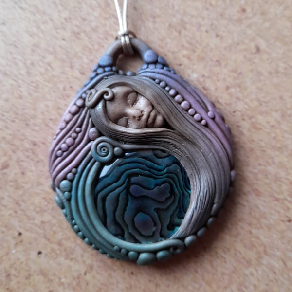 Beautiful Abalone Crystal and Polymer Clay Ocean Goddess Pendant 